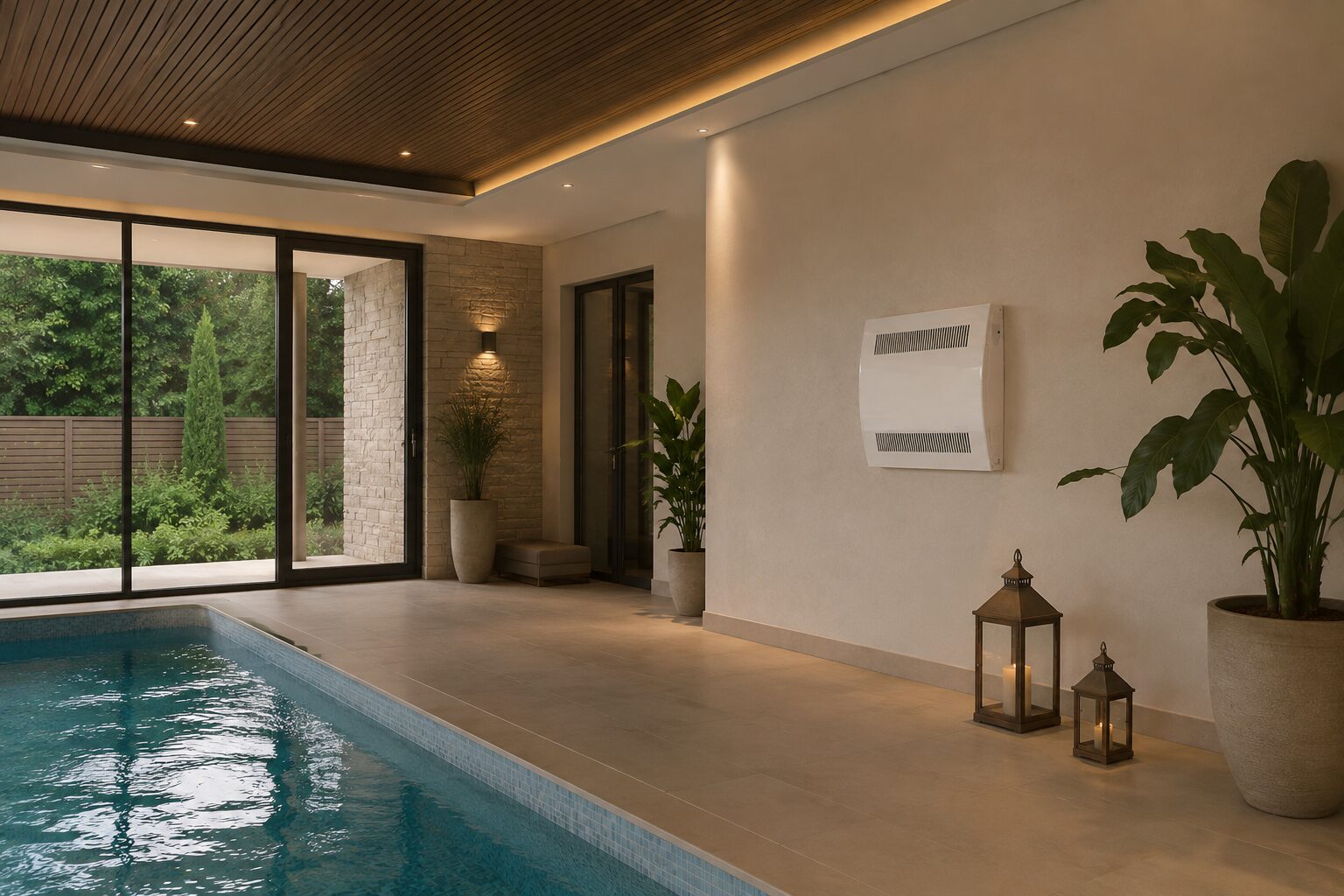 Wall-mounted dehumidifier installed in a residential pool hall