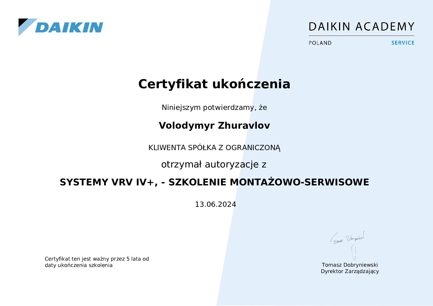 Daikin certificate - Kliwenta