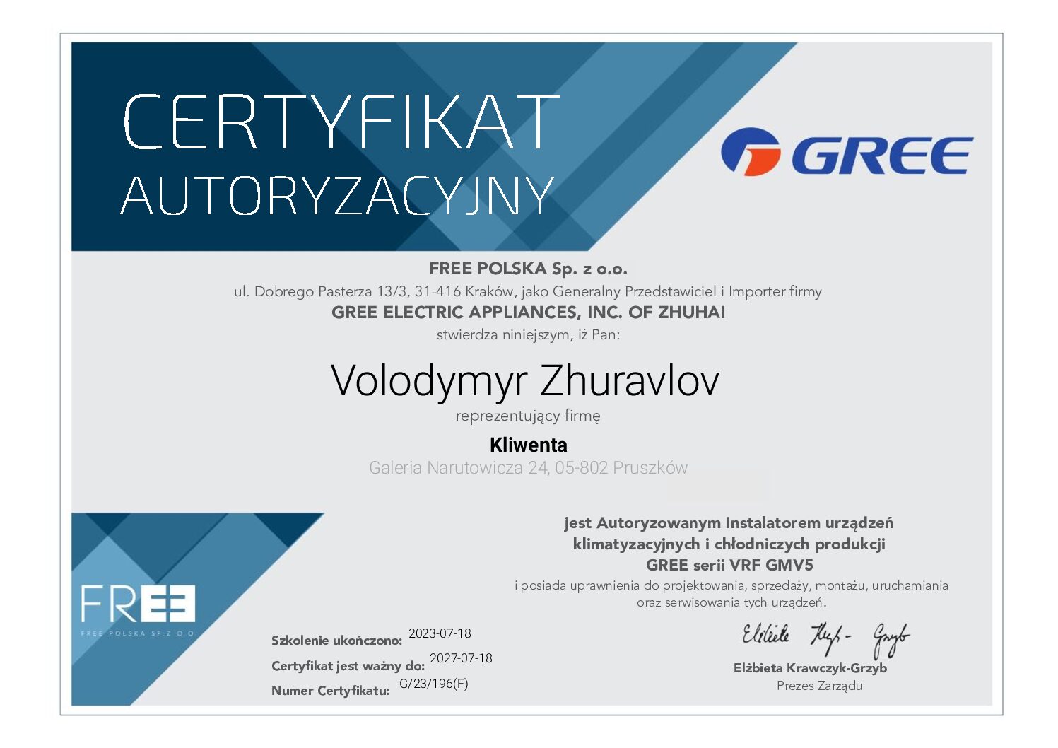 Gree certificate - Kliwenta