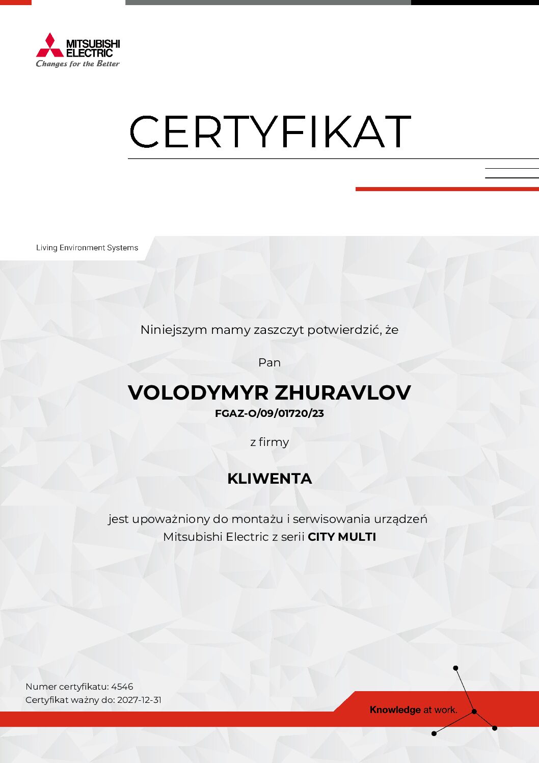 Mitsubishi Electric certificate - Kliwenta