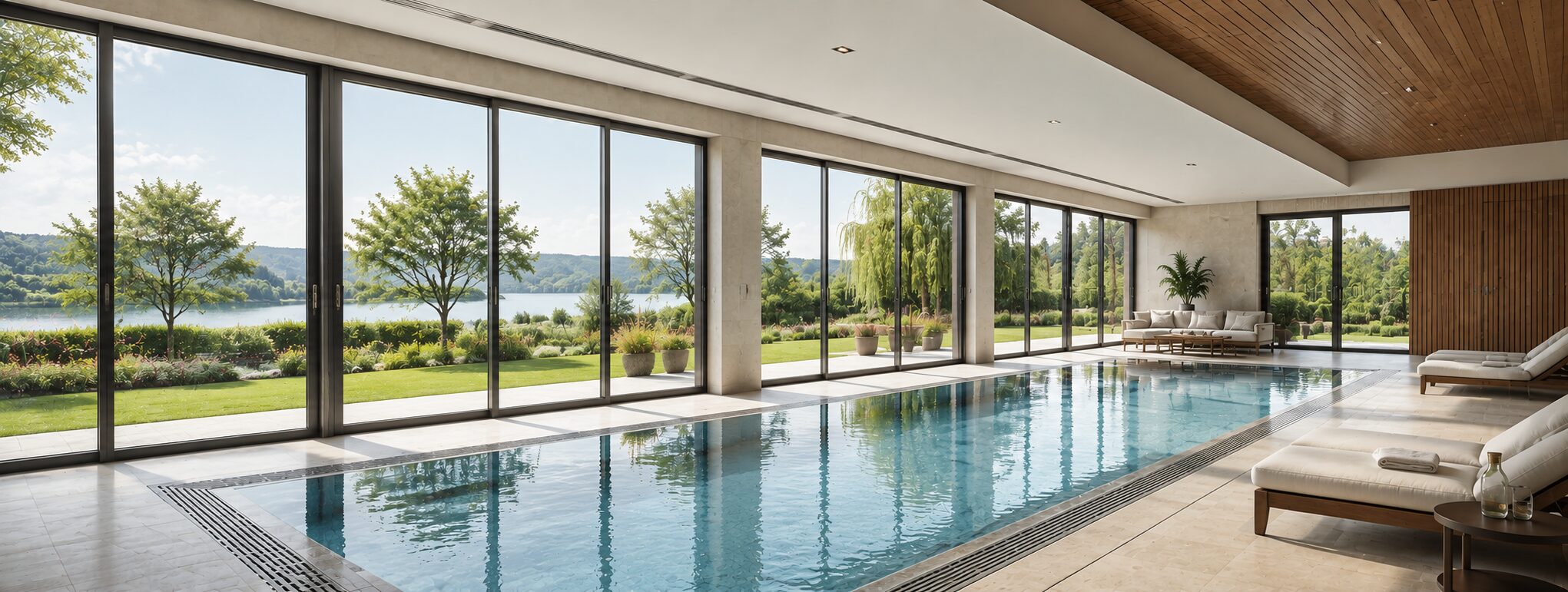 Private swimming pool hall with ventilation and dehumidification system, large glazing overlooking the garden