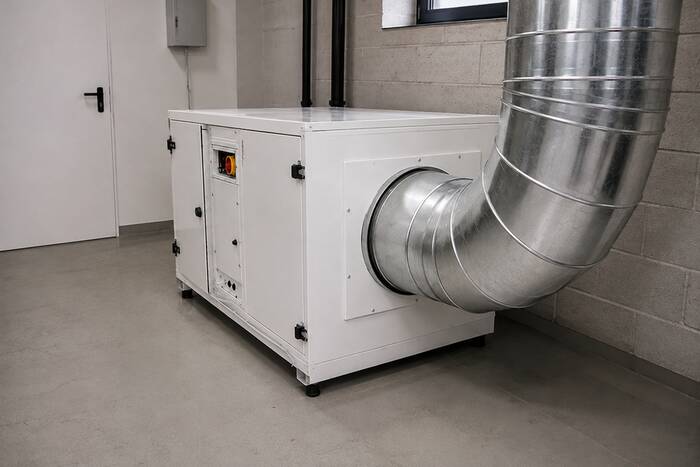 Ducted dehumidifier installed in a plant room, connected to the pool hall by a network of ventilation ducts