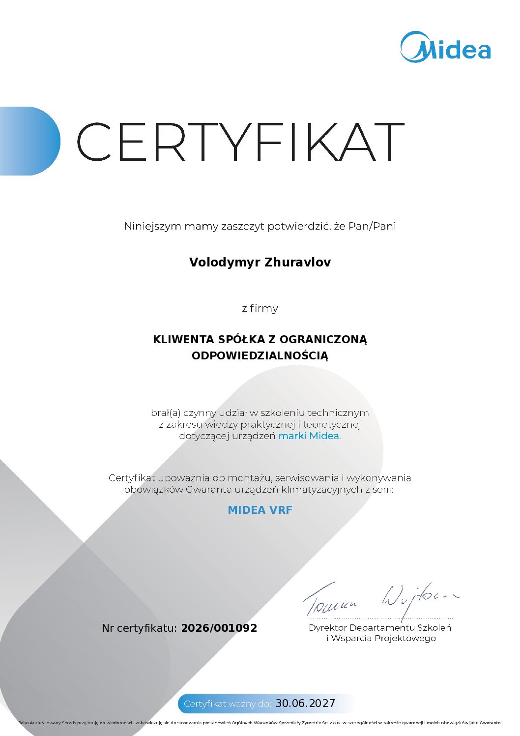 Midea certificate - Kliwenta